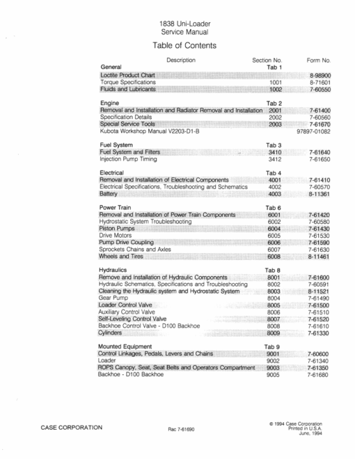 Case 1838 Uni-Loader SkidSteer Repair Manual