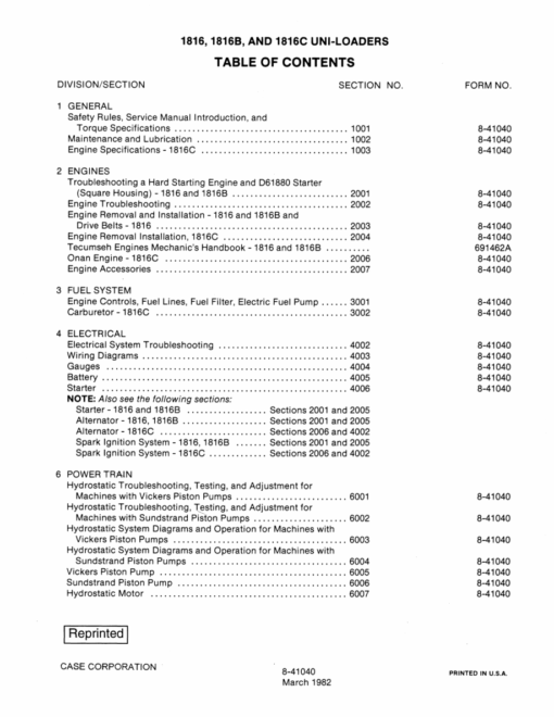 Case 1816, 1816B, 1816C Uni-Loader SkidSteer Repair Manual