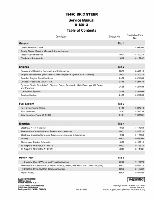 Case 1845C SkidSteer Repair Manual