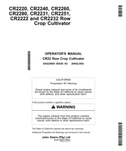 John Deere CR2220, CR2240, CR2260, CR2280, CR2231, CR2251, CR2222, CR2232 Row Crop Cultivator Operator's Manual (5AG25665)