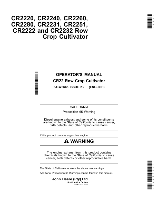 John Deere CR2220, CR2240, CR2260, CR2280, CR2231, CR2251, CR2222, CR2232 Row Crop Cultivator Operator's Manual (5AG25665)