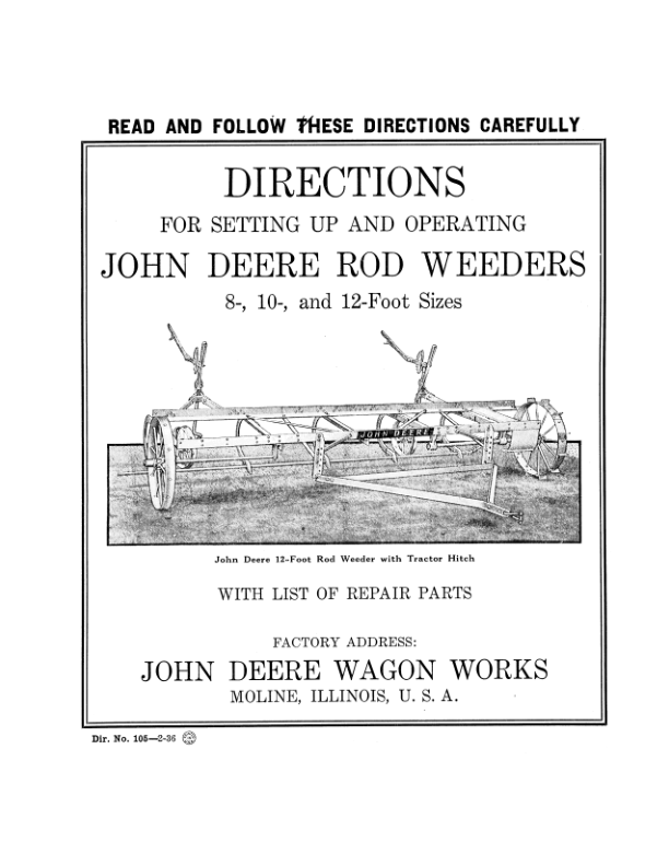 John Deere Rod Weeders With Hand Grip Lift Lever Operator's Manual (DIR105)