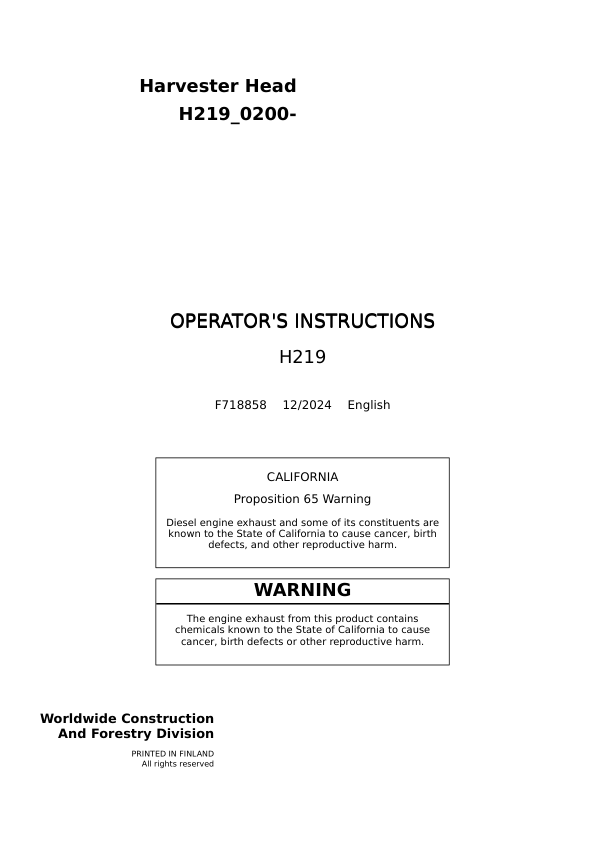 John Deere H219 Harvesting Heads Operator's Manuals (F718858)
