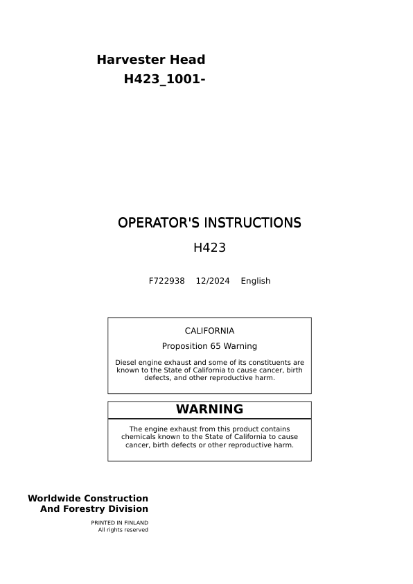 John Deere H423 Harvesting Heads Operator's Manuals (F722938)