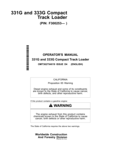 John Deere 331G, 333G Skid Steers Operator's Manuals (OMT362754X19)