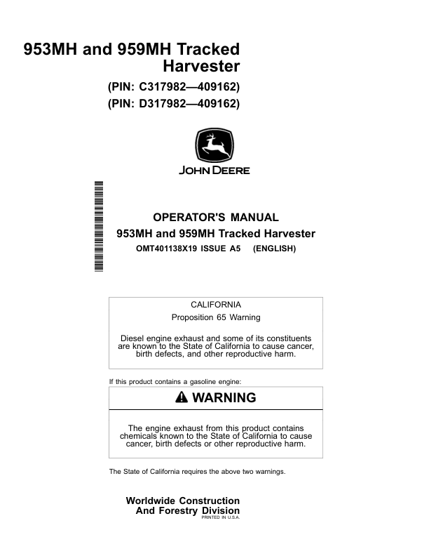 John Deere 953MH, 959MH Tracked Harvesters Operator's Manuals (OMT401138X19)