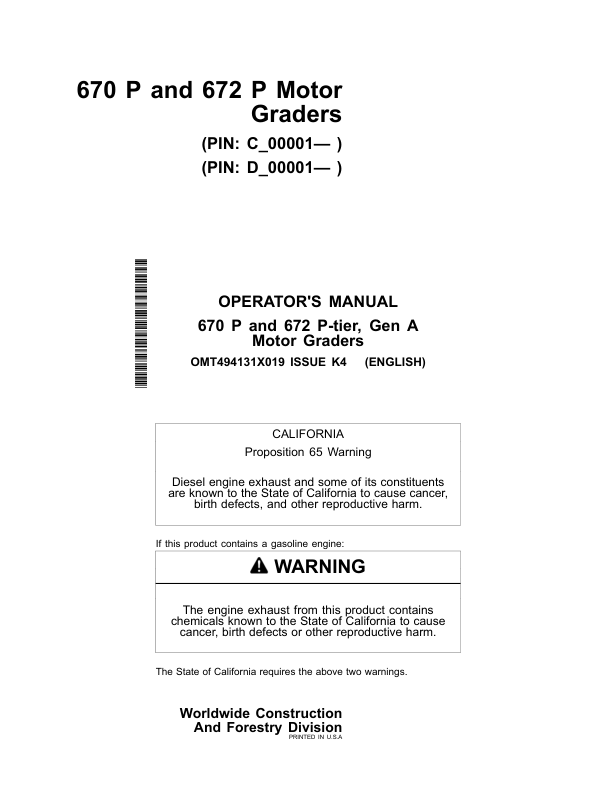 John Deere 670 P, 672 P Motor Graders Operator's Manuals (OMT494131X019)