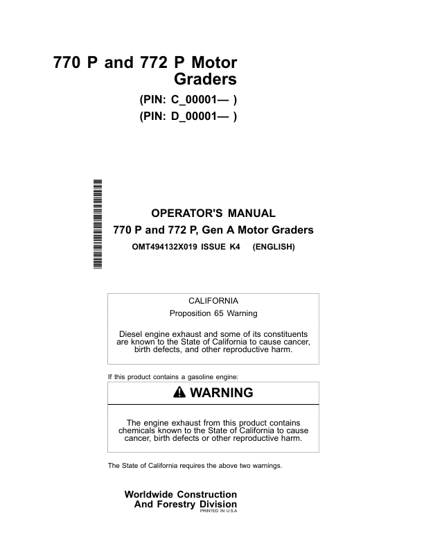 John Deere 770 P, 772 P Motor Graders Operator's Manuals (OMT494132X019)