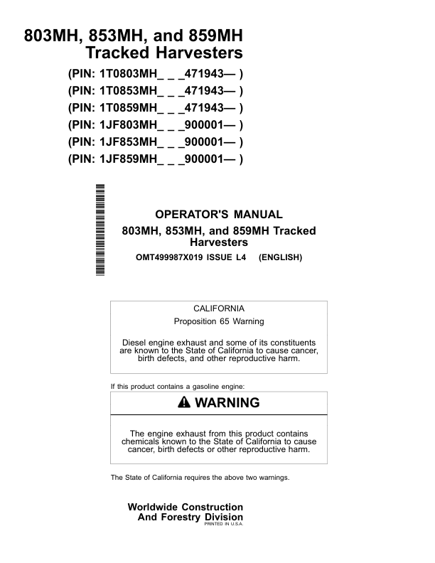 John Deere 803MH, 853MH, 859MH Tracked Harvesters Operator's Manuals (OMT499987X019)