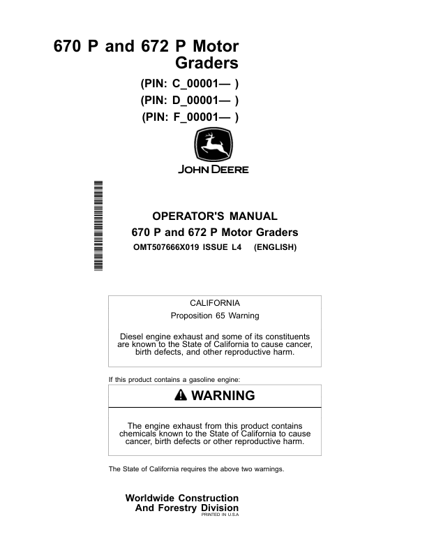 John Deere 670 P, 672 P Motor Graders Operator's Manuals (OMT507666X019)